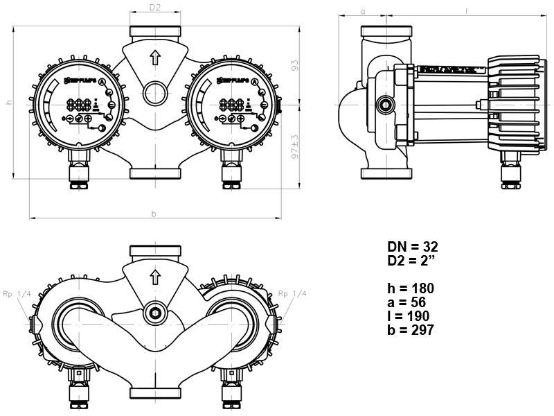 Pompa dubla de circulatie IMP PUMPS NMTD SMART - Dimensiuni